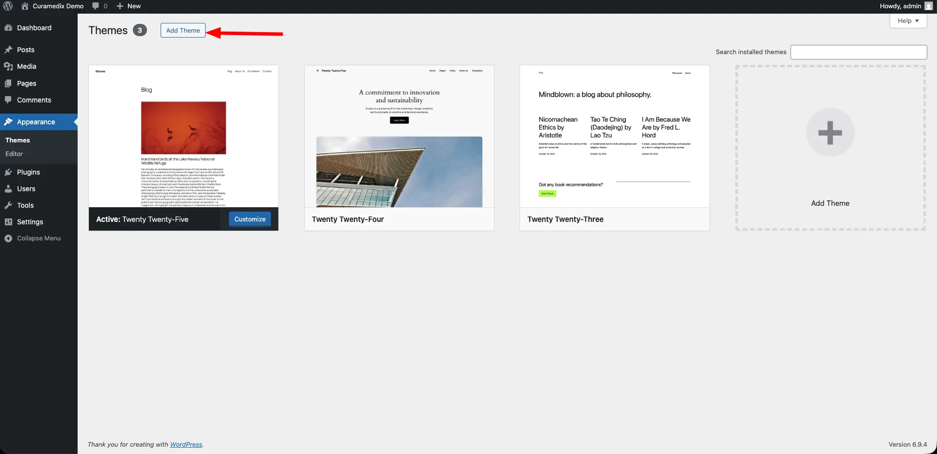 Screenshot of curawell theme installation